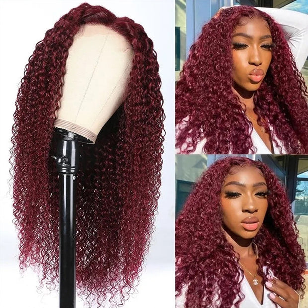 26 Inch Invisible HD Lace Burgundy 99J Curly Human Hair Wigs Colored Transparent 13X4 Lace Frontal Wig Preplucked Red Hair Wig