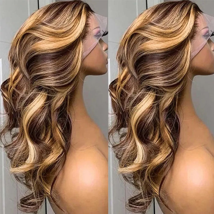 4/27 Highlight Ombre Wig Body Wave Remy Human Hair Lace Front Wigs For Women