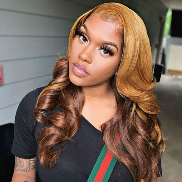 Ombre Honey Blonde With Brown Wigs Body Wave 13x4 Undetectable HD Lace Front Wigs Human Hair