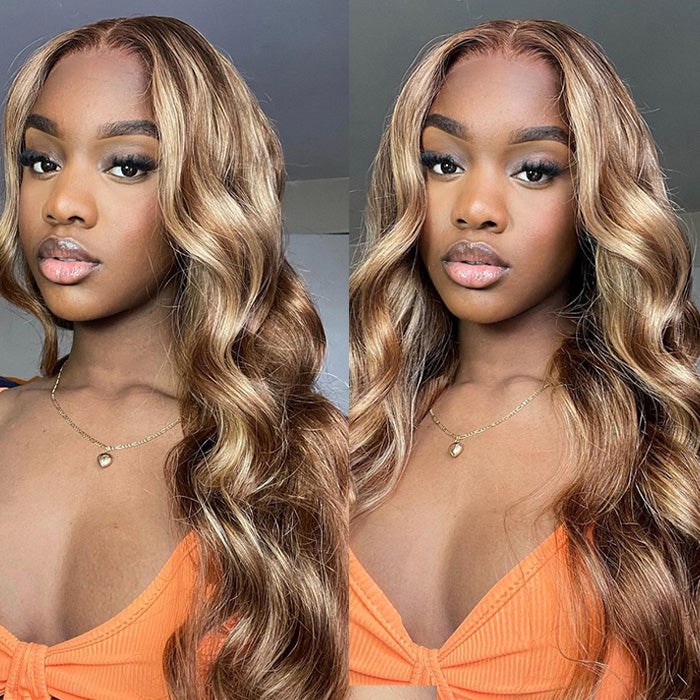 Piano Highlight 13x4 HD Lace Front Body Wave Honey Blonde 180% Density Human Hair Lace Frontal Wig