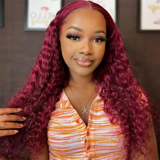 99J Burgundy Color Deep Wave Human Hair Wig 4x4 13x4 Transparent Lace Front Wig With Pre-plucked Hairline