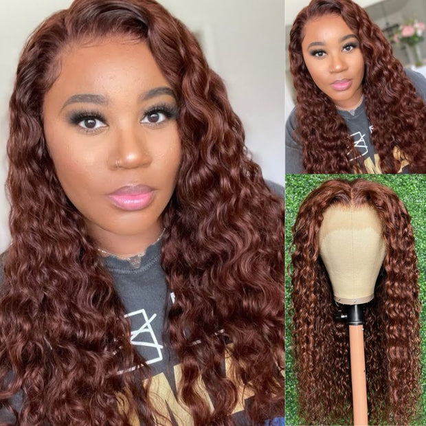 Skin Melt HD Lace Wigs #33 Reddish Brown 13x4 Lace Front Wig Water Wave Pre-Plucked Human Hair Wigs