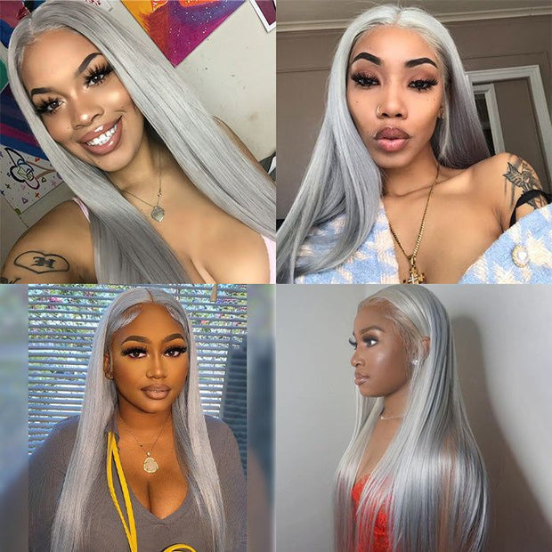 Silver Grey Colored Lace Front Human Hair Wigs For Women Cosplay Colored Straight Lace Front Wig HD Lace Frontal Wigs