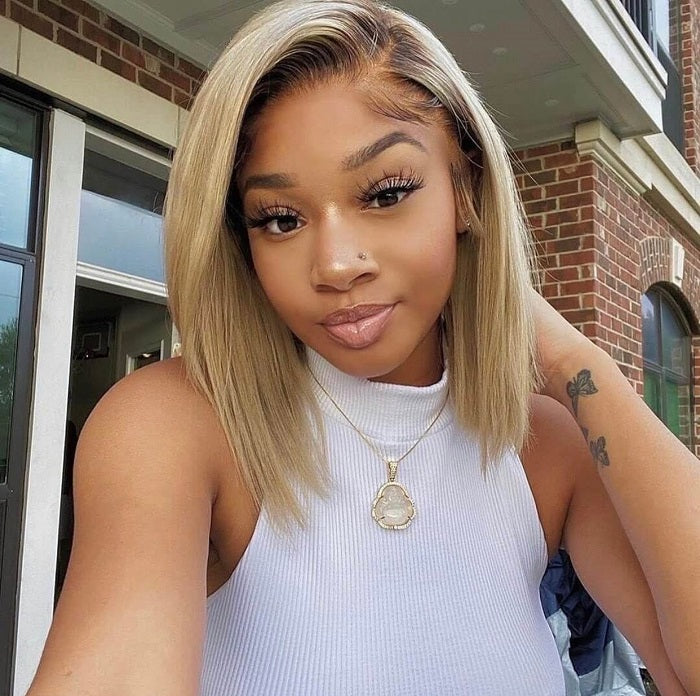 Blonde Wig With Dark Roots 13x4 Blonde Short Bob Blunt Cut Lace Front Wig Straight Transparent Lace Wigs For Women