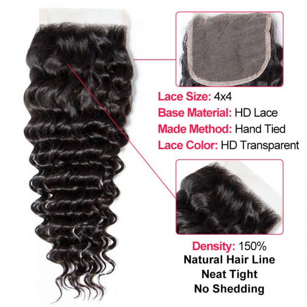 Brazilian Hair 4x4 HD Lace Closure Deep Wave Hair Natural Color 100% Virgin Hair 10-20 Inch