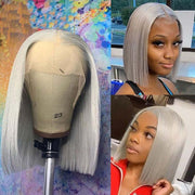 Grey Short Bob Lace Front Human Hair Wigs For Black Women Pre Plucked