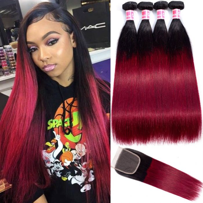 1B/99J Color Straight Hair 4 Bundles With Lace Closure Unprocessed Virgin Human Hair Weave