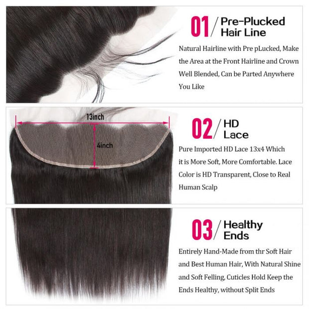 13x4 HD Transparent Lace Frontal Peruvian Straight Virgin Hair 100% Remy Human Hair Closure 10-20 Inch