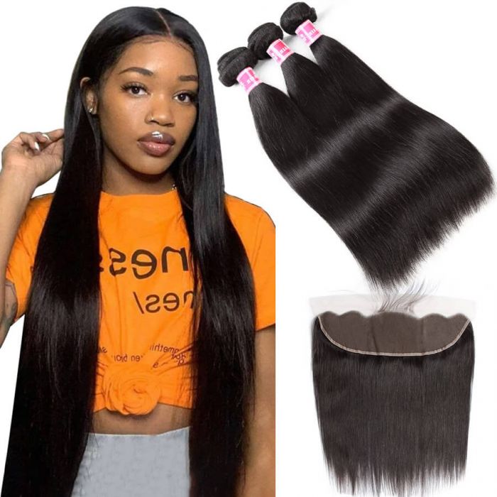 Brazilian Virgin Straight Hair 3 Bundles With 13X4 Lace Frontal 100% Human Hair Weave