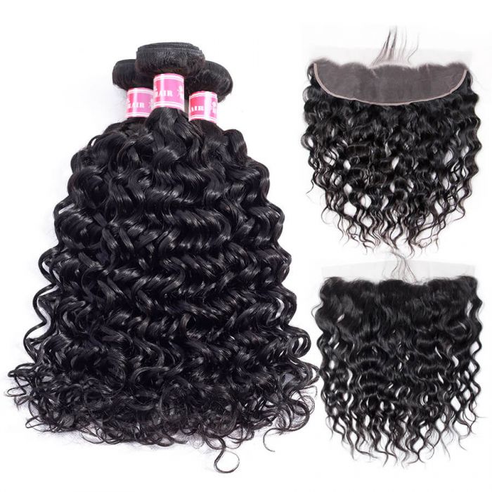 Brazilian Water Wave Hair 3 Bundles With 13X4 Lace Frontal 100% Virgin Human Hair Weave