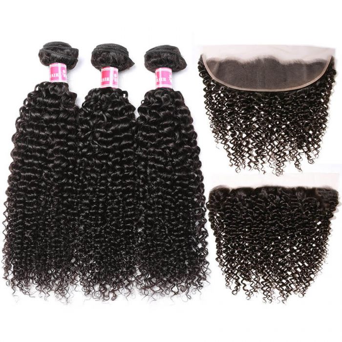 Brazilian Virgin Curly Hair 3 Bundles With 13X4 Lace Frontal Or 4C Edges Lace Frontal 100% Human Hair Weave