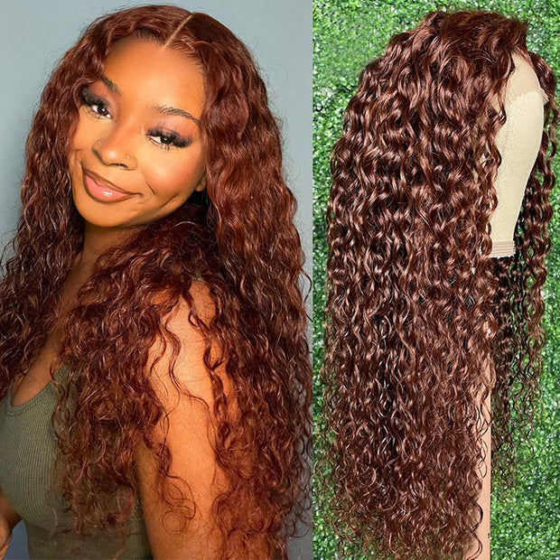 #33 Reddish Brown Auburn Color Water Wave & Body Wave Human Hair Wigs 13x4 HD Lace Front Wigs