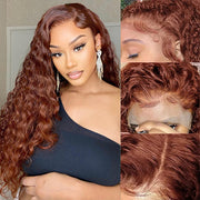 Pull Go Reddish Brown 33# Color Human Hair Water Wave Wig With Adjustable Drawstring Lace Front Wigs Pre-Plucked Hot Color Wigs