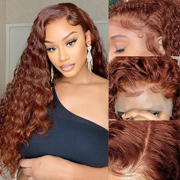 Pull Go Reddish Brown 33# Color Human Hair Water Wave Wig With Adjustable Drawstring Lace Front Wigs Pre-Plucked Hot Color Wigs