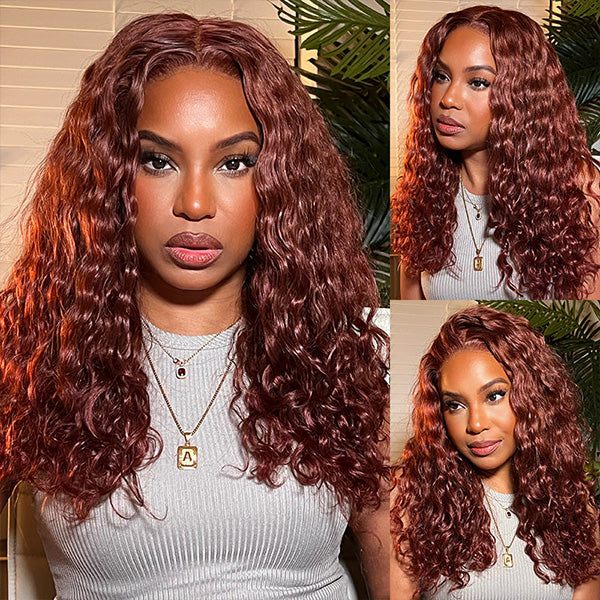 Pull Go Reddish Brown 33# Color Human Hair Water Wave Wig With Adjustable Drawstring Lace Front Wigs Pre-Plucked Hot Color Wigs