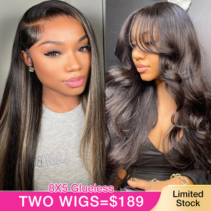 Two 220% Long Wigs|Pre Cut 8X5 Lace Body Wave Wig With Curtain Bangs+#1b27 Straight Highlight Pre Cut 8X5 Lace Wig