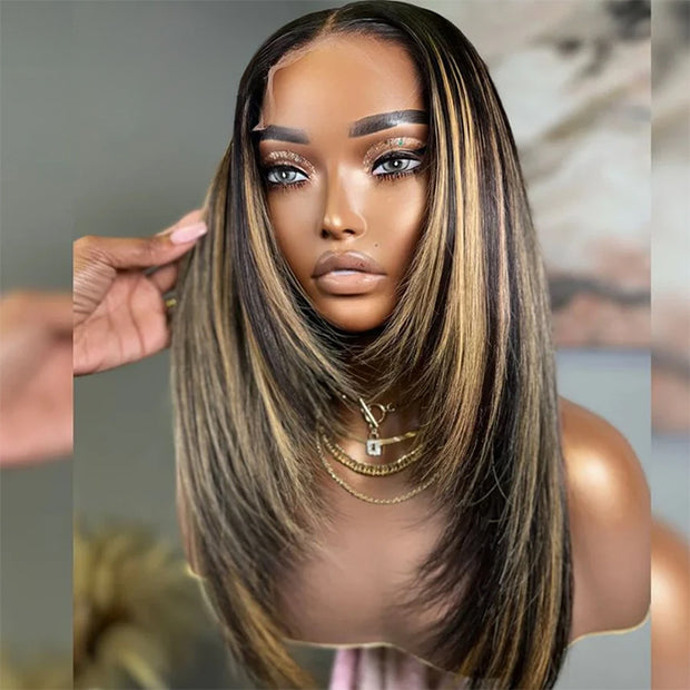 Highlight Layered Cut Glueless 13x4 13x6 Undetectable HD Lace Front Wig #1B27Colored Pre-bleached 100% Human Hair