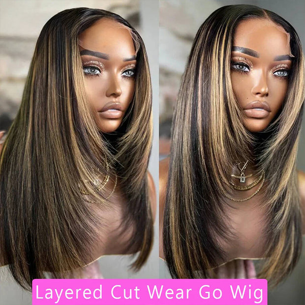 Highlight Layered Cut Glueless 13x4 13x6 Undetectable HD Lace Front Wig #1B27Colored Pre-bleached 100% Human Hair