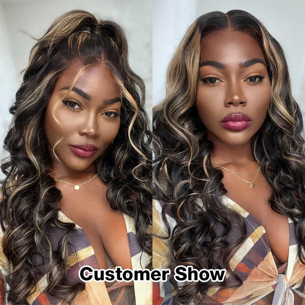 Balayage Pre Bleached Wear Go Upgraded 8x5 HD Lace Highlights Body Wave Pre Cut Wig 200% Density