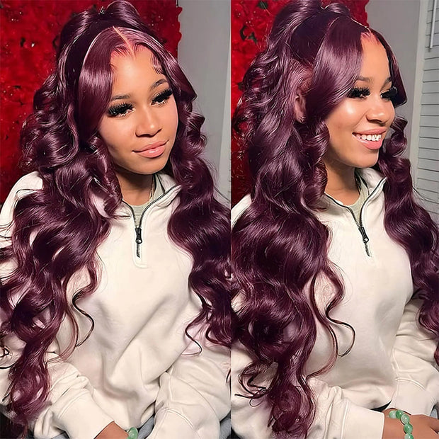 Pop Trend Dark Purple Plum Colored 13x4 Lace Front Wig Real HD Lace Body Wave Human Hair Wig
