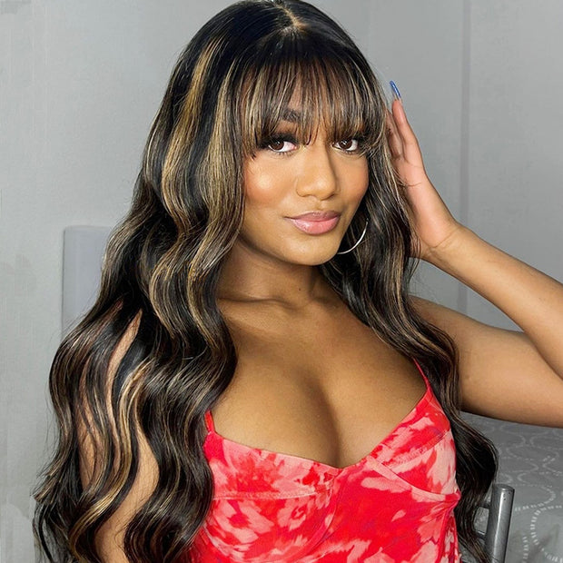 Highlight Honey Blonde Wig With Bangs Ombre Brown Human Hair 4x4/13x4 HD Lace Front Wigs Beginner Friendly