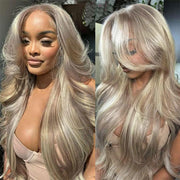 Curtain Bangs Blonde Hair With Highlights Wig Body Wave Dark Roots Blonde Highlight Human Hair Wigs