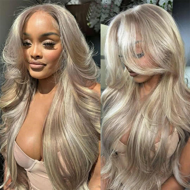 Curtain Bangs Barbie Blonde Hair With Highlights Wig Straight / Body Wave Human Hair Wigs