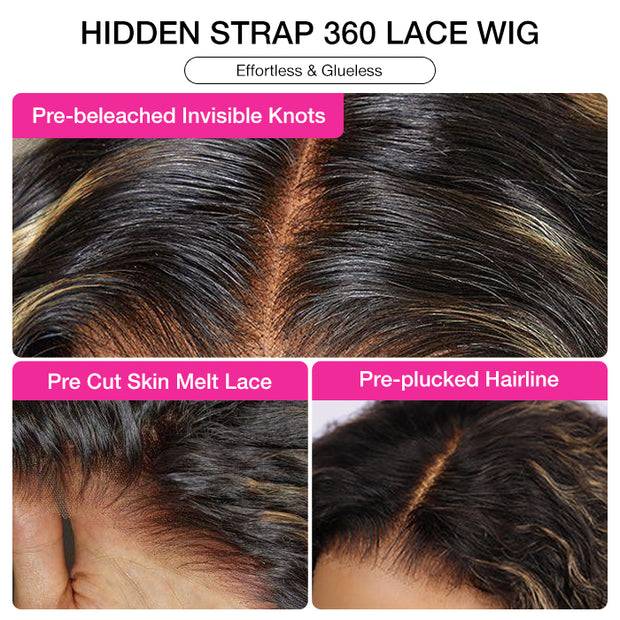 250% Water Wave Pull & Go Hidden Strap 360 Skin Lace Frontal Wig Balayage Highlight Blonde Highlight Pre-cut & Pre-bleached Human Hair Wig Cozy & Sung Fit