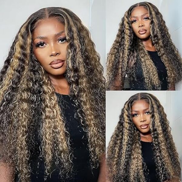 250% Water Wave Pull & Go Hidden Strap 360 Skin Lace Frontal Wig Balayage Highlight Blonde Highlight Pre-cut & Pre-bleached Human Hair Wig Cozy & Sung Fit