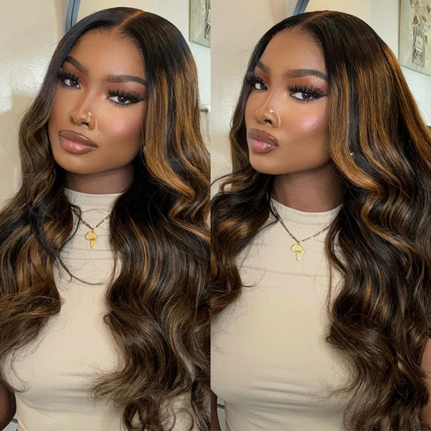 Pre All|Glueless 3D Body Wave Highlights Ombre Brown 13X4 Pre Cut HD Lace Wigs Pre Bleached Pre Plucked Human Hair Wig