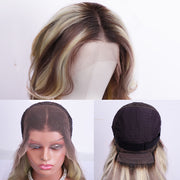 Curtain Bangs Ash Blonde Balayage with Dark Brown Roots Ombre Wig HD Lace Body Wave Human Hair Wigs