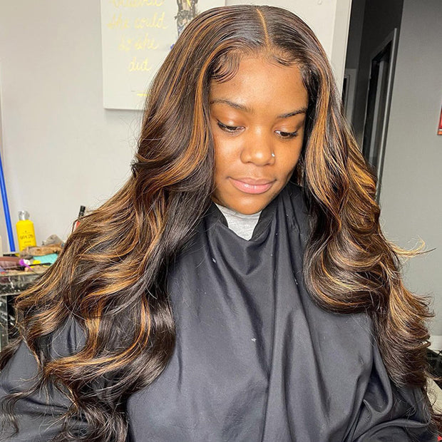 Bye-Bye Knots Wear Go Highlights Ombre Brown 8x5 Pre Cut HD Lace Straight/Body Wave Glueless Wigs 180% Density