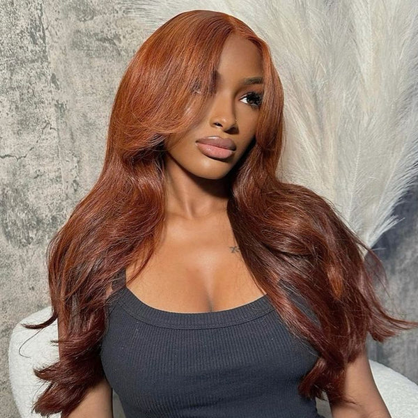 Curtain Bangs Reddish Brown Body Wave Human Hair Wig 13x4/5x5 HD Lace Closure Human Hair Wig