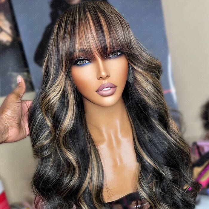 Highlights Body Wave Wig with Bangs Glueless Throw on & Go Cost-effective Wig|Black Friday Sale