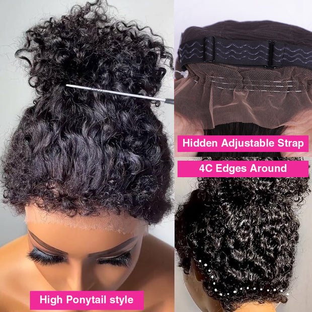 4C Edges Glueless 360 Lace Frontal Wigs With Hidden Elastic Strap kinky Straight or Curly Affordable Snug Fit Human Hair Wigs