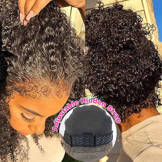 4C Edges Glueless 360 Lace Frontal Wigs With Hidden Elastic Strap kinky Straight or Curly Affordable Snug Fit Human Hair Wigs