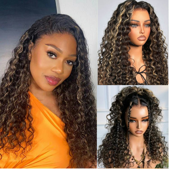 Blonde Highlight Water Wave Pull & Go Hidden Strap 360 Skin Lace Frontal Wig Balayage Highlight Pre-cut & Pre-bleached Human Hair Wig Cozy & Sung Fit