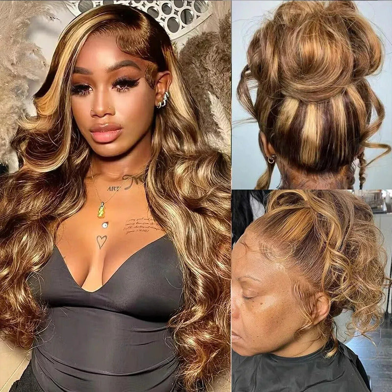 Body Wave Highlights Pre Plucked 360 Transparent Lace Frontal Wig Straight Human Hair Wigs