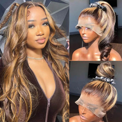 $120 Off Blonde Highlight 360 Transparent HD Lace Front Body Wave Natural Black Human Hair Wigs