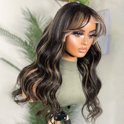 Highlight Honey Blonde Wig With Bangs Ombre Brown Human Hair 4x4/13x4 HD Lace Front Wigs Beginner Friendly