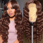 Chocolate Brown Loose Wave Human Hair Wigs for Women 13x4 HD Lace Front Wigs With Pre Plucked Hairline