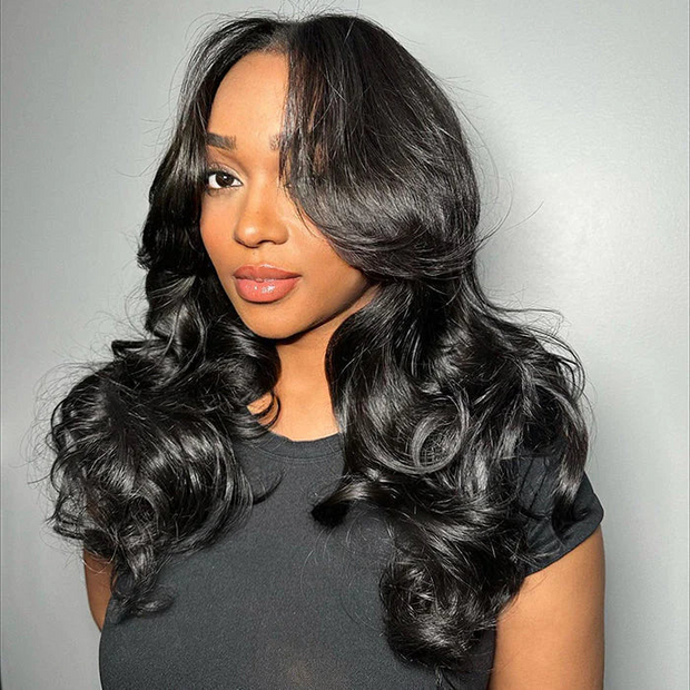 Glueless Curtain Bangs Pre Cut 5x5 8X5 HD Lace Wig Butterfly Cut Body Wave Human Hair Wig 180%