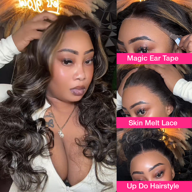 Pre-All Glueless Balayage Pre Bleached Wear Go 220% Density 8x5 HD Lace Highlights Body Wave Wig