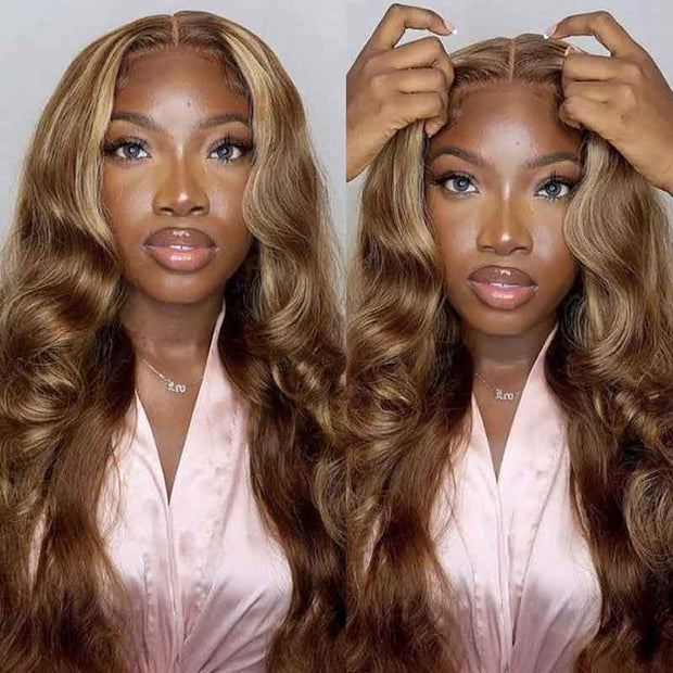 Pull Go 13X6 Pre Cut HD Lace Glueless 3D Body Wave Human Hair Wig With Hidden Drawstring #427 Highlight Lace Front Wig