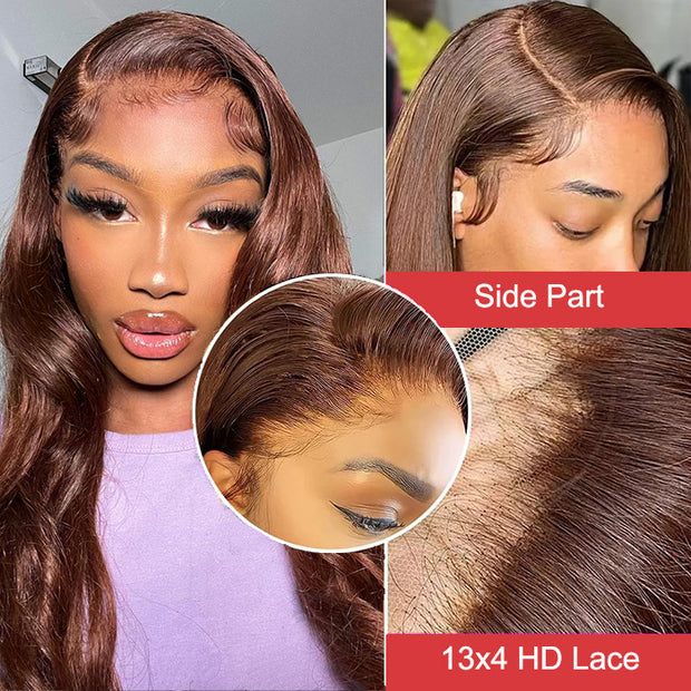 Chocolate Brown Colored 13*4 HD Lace Front Body Wave Wigs With Pre-plucked Hairline Human Hair Wigs