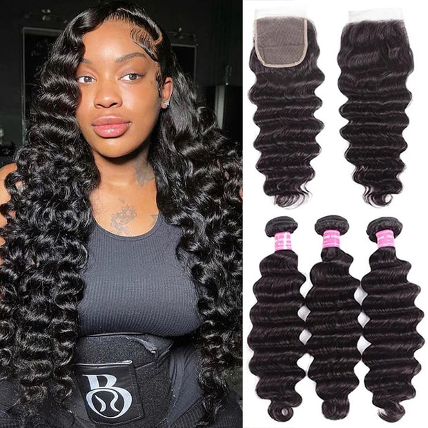 Loose Deep Wave Bundles with Closure Peruvian Hair Bundles with Closure Remy 100% Human Hair Bundles with 4X4 lace Closure