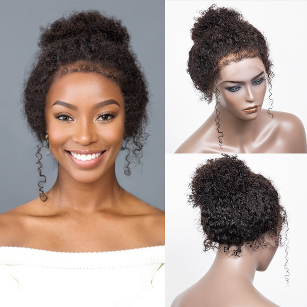 4C Edges Glueless 360 Lace Frontal Wigs With Hidden Elastic Strap kinky Straight or Curly Affordable Snug Fit Human Hair Wigs
