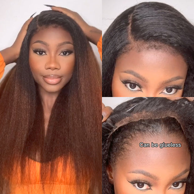 Kinky Edges Ombre Auburn Color Kinky Straight Lace Wig Quality Glueless HD Lace Human Hair Wig For Black Women