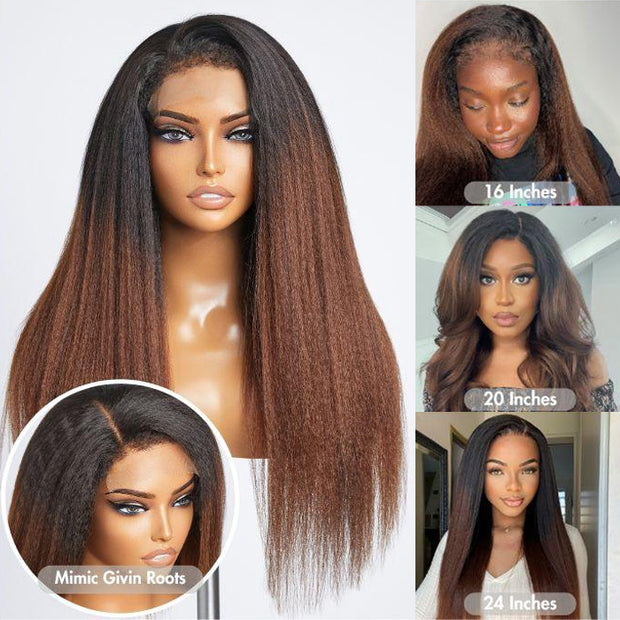 Kinky Edges Ombre Auburn Color Kinky Straight Lace Wig Quality Glueless HD Lace Human Hair Wig For Black Women