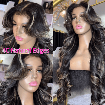 4c Edges Hairline 1B/27 Highlight Body Wave & Straight Human Hair Lace Wig Kinky Culry Edges HD Lace Front Wig 180% Density